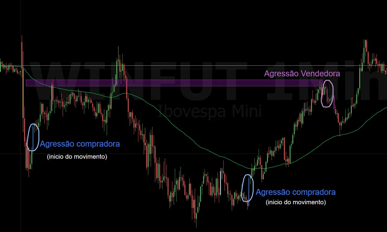 Print do WINFUT 1 minuto com agressão compradora no início de dois movimentos e agressão vendedora na resistência