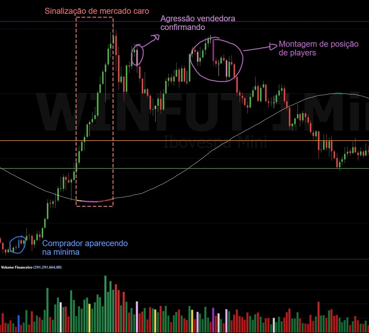 Print do WINFUT 1 minuto com sinalização de mercado caro, agressão vendedora confirmando e montagem de posição de players